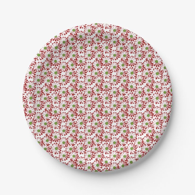 Christmas Red and Green Daisy Floral Pattern Paper Plates (Front)