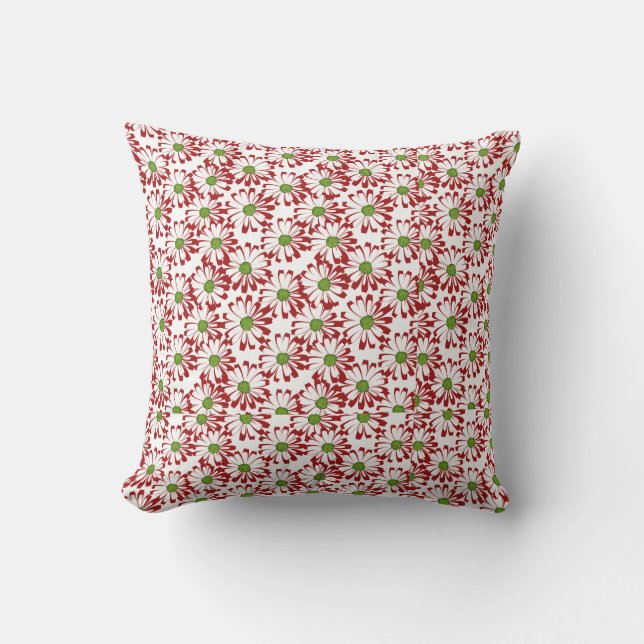 Christmas Red and Green Daisy Floral Pattern Throw Pillow (Front)