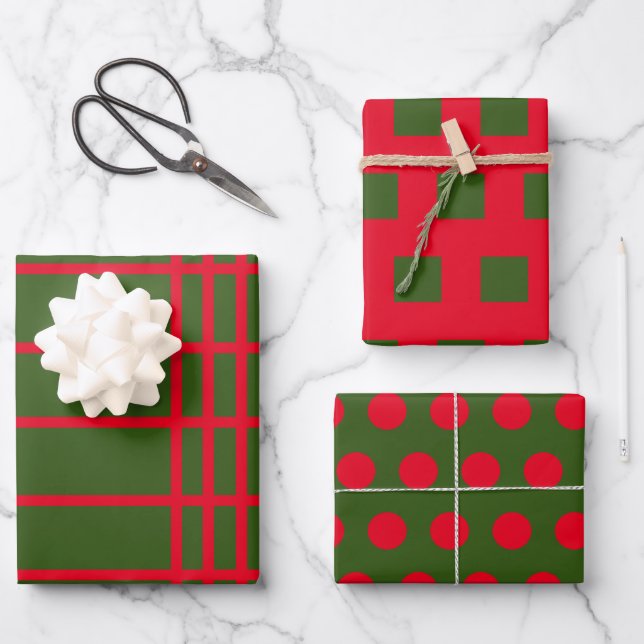 Christmas red and green geometric polka dots wrapping paper sheets (Front)