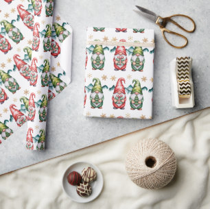 Christmas Red and Green Gnomes with Gold Snowflake Wrapping Paper