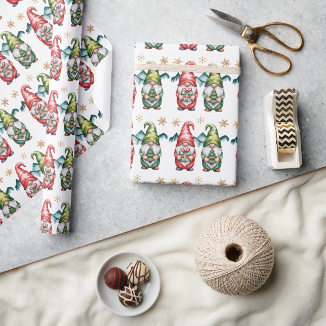 Christmas Red and Green Gnomes with Gold Snowflake Wrapping Paper (Crafts)