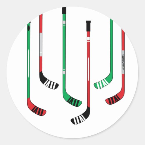 Christmas Red and Green Hockey Sticks Classic Round Sticker