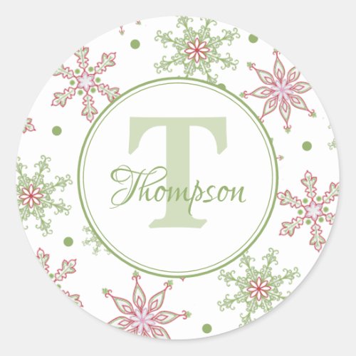 Christmas Red and Green Holiday Snowflake Monogram Classic Round Sticker