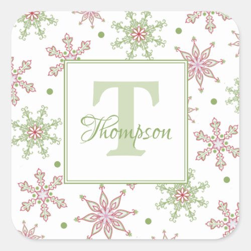 Christmas Red and Green Holiday Snowflake Monogram Square Sticker
