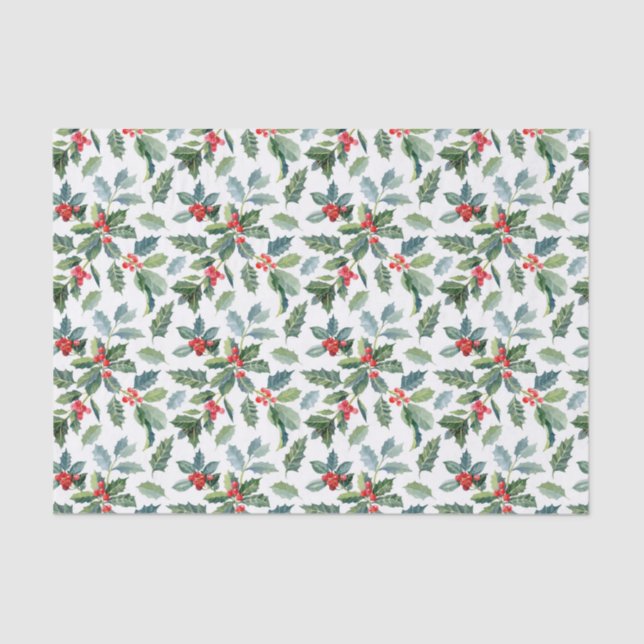  Christmas Red and Green Holly Pattern Tissue Paper (Front)