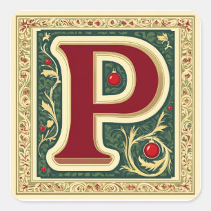 Christmas Red and Green Letter P with Gold Square Sticker