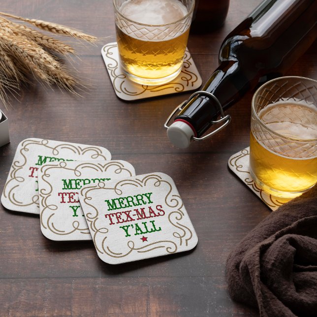 Christmas Red and Green Merry Tex-Mas Y'all Square Paper Coaster (Creator Uploaded)