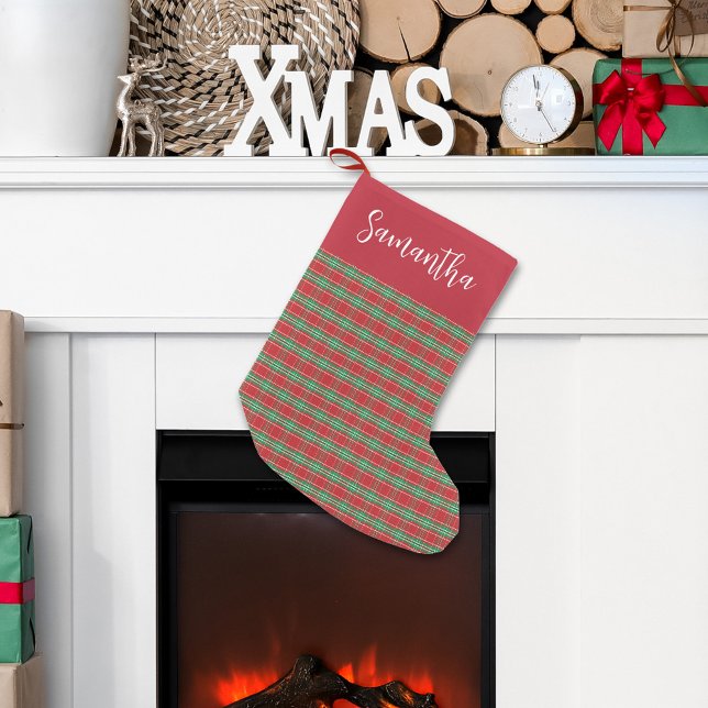 Christmas Red and Green Pattern Personalized Small Christmas Stocking (Christmas holiday red and green plaid pattern calligraphy script stocking)