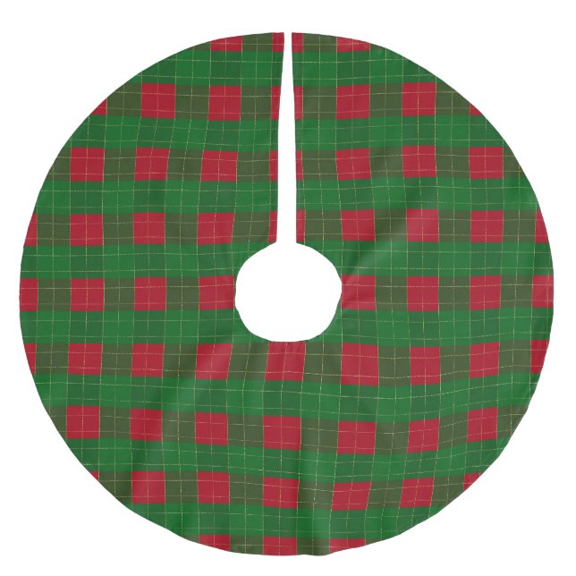 Christmas red and green plaid check grid pattern brushed polyester tree skirt (Front)