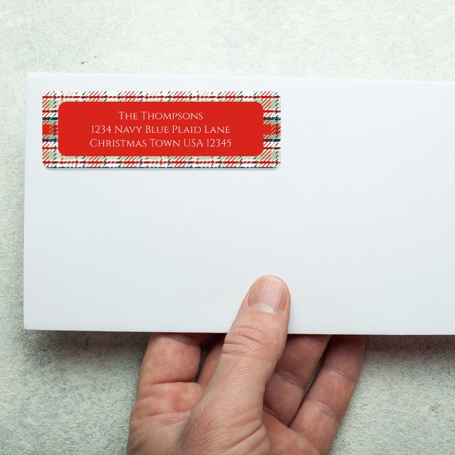 Christmas Red and Green Plaid Custom Label (Christmas holiday red and green plaid pattern return address label. )