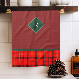 Christmas Red and Green Plaid Tartan Monogrammed Kitchen Towel