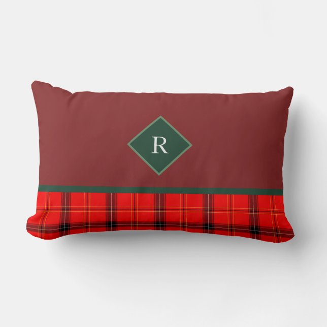 Christmas Red and Green Plaid Tartan Monogrammed Lumbar Pillow (Front)