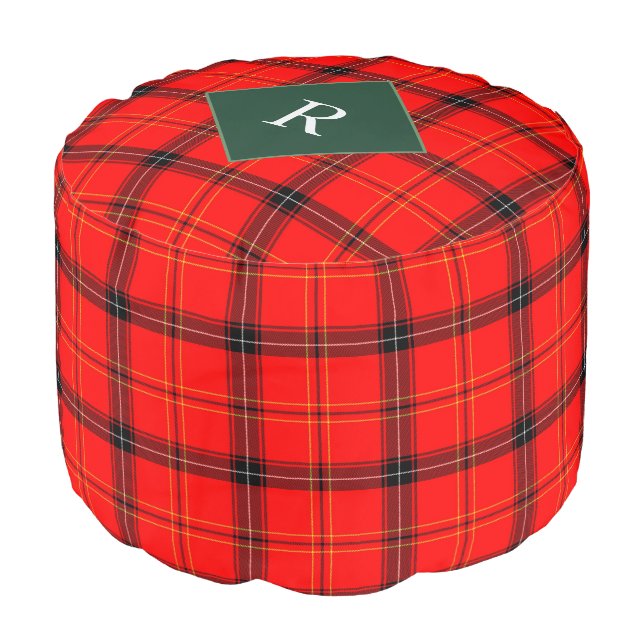 Christmas Red and Green Plaid Tartan Monogrammed Pouf (Angled Front)