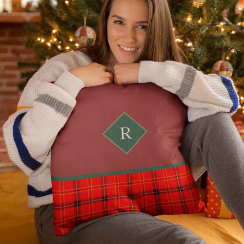 Christmas Red and Green Plaid Tartan Monogrammed Throw Pillow