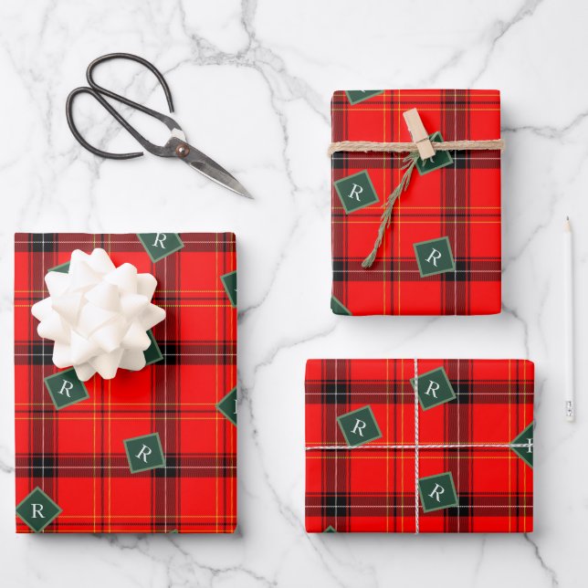 Christmas Red and Green Plaid Tartan Monogrammed Wrapping Paper Sheets (Front)