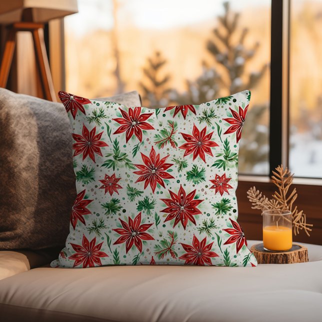 Christmas Red and Green Poinsettia Floral Throw Pillow (Christmas Red and Green Poinsettia Floral Throw Pillow)