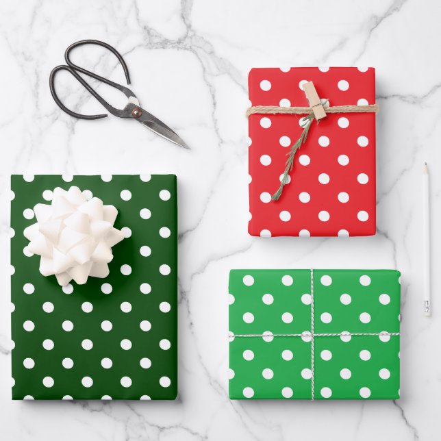 Christmas Red and Green Polka Dot Wrapping Paper Sheets (Front)