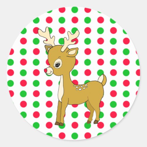 Christmas Red and Green Polka Dots Reindeer Classic Round Sticker