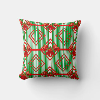 Christmas Red and Green Striped Bow Pillow