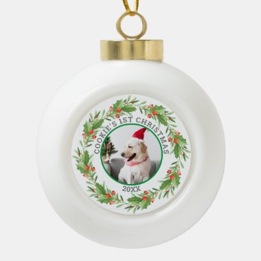 Christmas Red and Green Wreath Pet Photo Ceramic Ball Christmas Ornament