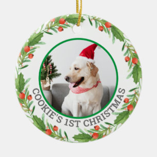 Christmas Red and Green Wreath Pet Photo Ceramic Ornament