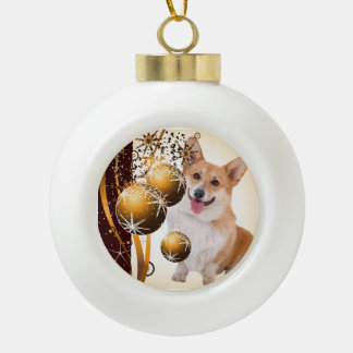 Christmas Red and White Corgi Ceramic Ball Christmas Ornament
