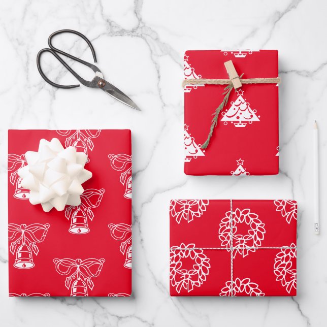 Christmas red and white cute assorted patterns wrapping paper sheets (Front)