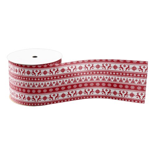 Christmas Red and White Deer and Trees Pattern Grosgrain Ribbon