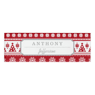 Christmas Red and White Deer and Trees Pattern Name Tag