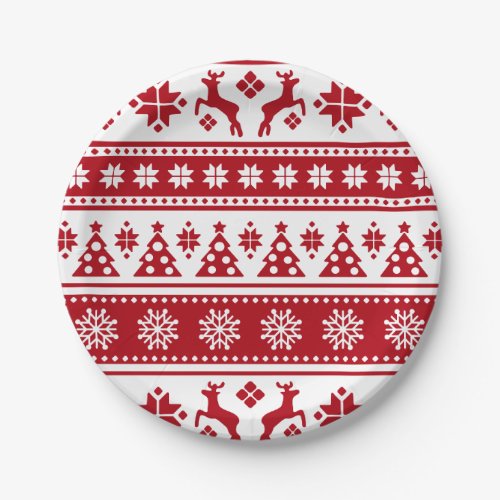 Christmas Red and White Deer and Trees Pattern Paper Plates