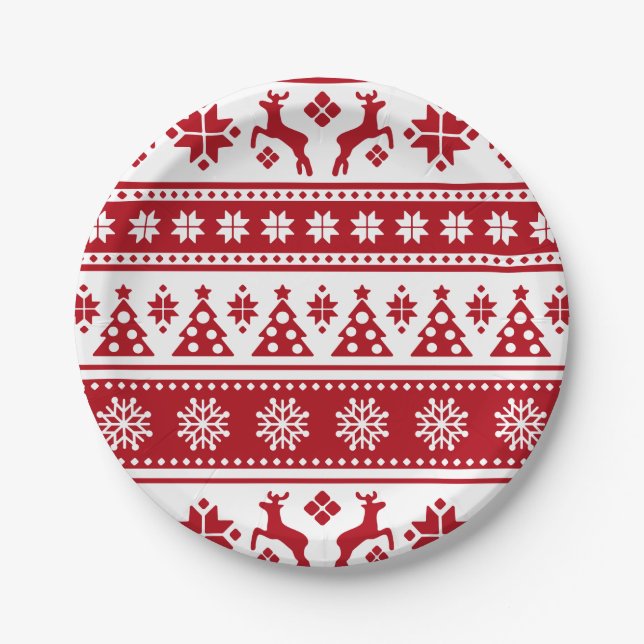 Christmas Red and White Deer and Trees Pattern Paper Plates (Front)