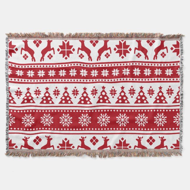 Christmas Red and White Deer and Trees Pattern Throw Blanket (Front)