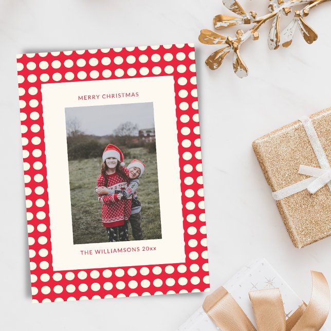 Christmas Red and White Geometric Dots Photo Holiday Card (Creator Uploaded)
