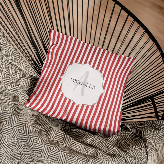 Christmas Red and White Monogram Custom Throw Pillow (Whimsical candy cane striped cute simple monogram throw pillow.)