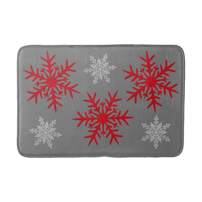 Christmas Red and White Snowflakes & Charcoal Gray Bath Mat (Front)