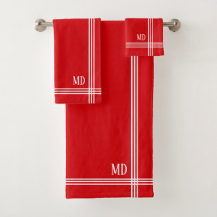 Christmas Red and White Striped Custom Initials Bath Towel Set