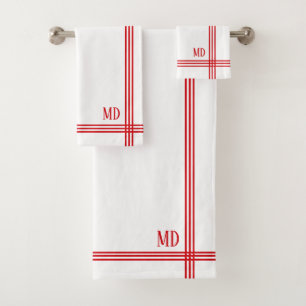  Christmas Red and White Striped Custom Initials Bath Towel Set