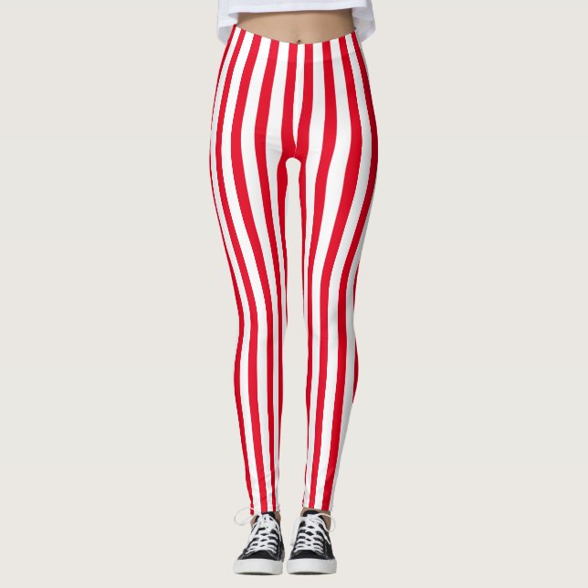 Christmas red and white vertical striped leggings (Front)