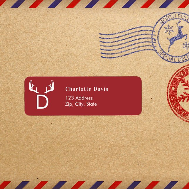 Christmas red antlers monogram return address  label (Creator Uploaded)