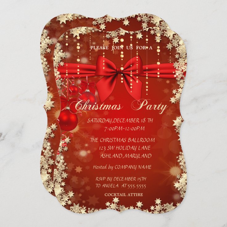 Christmas Red Balls,Bow , Gold Corporated Party Invitation | Zazzle