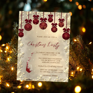 Christmas Red Balls Bow,Wine Glass Company Party Invitation