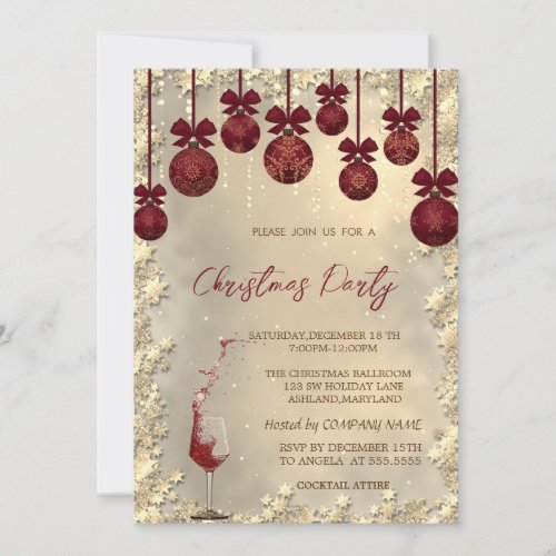 Christmas Red Balls BowWine Glass Company Party Invitation