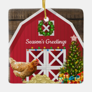 Christmas Red Barn Hen Tree Gifts Ceramic Ornament