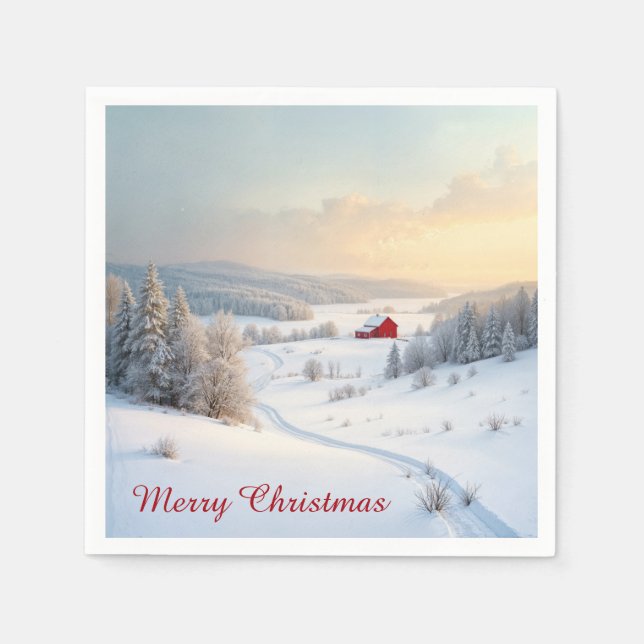 Christmas Red Barn In Snowy Country Napkins (Front)