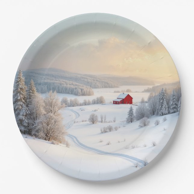 Christmas Red Barn In Snowy Country Paper Plates (Front)