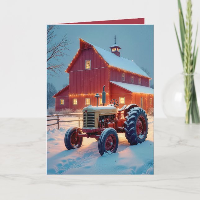Christmas Red Barn With Antique Tractor Holiday Card (Front)