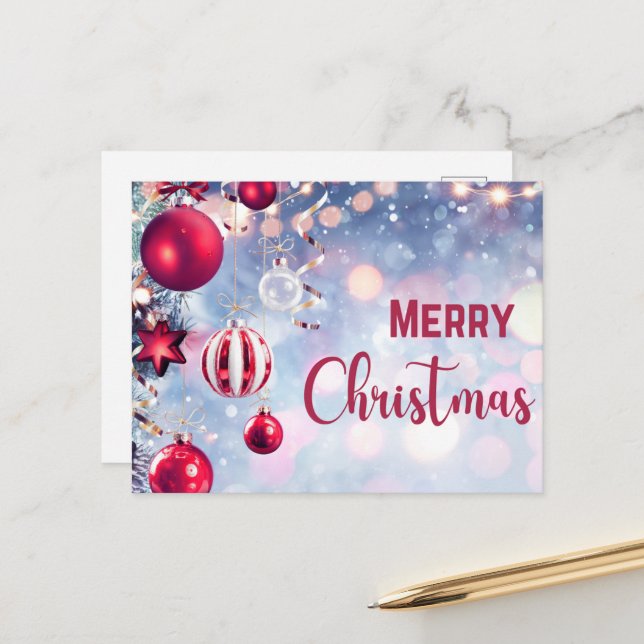 Christmas Red Baubles Hanging Merry Christmas Holiday Postcard (Front/Back In Situ)
