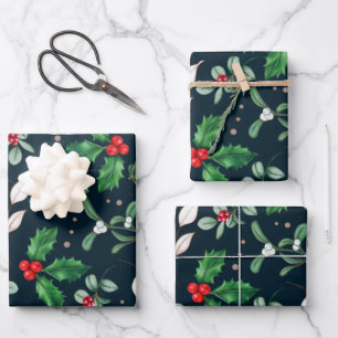 Christmas Red Berries and Green Leaves Wrapping Paper Sheets