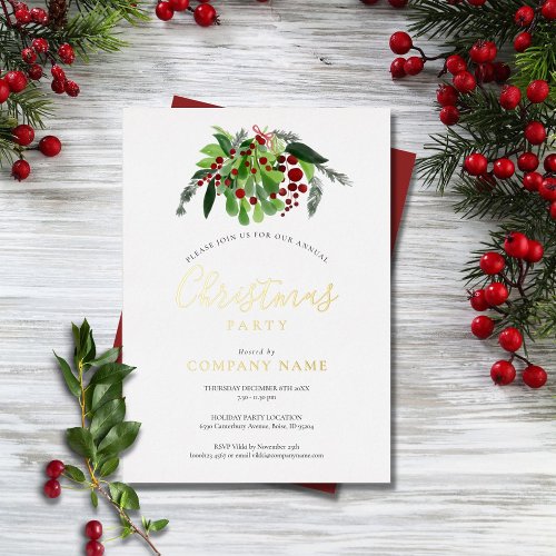 Christmas Red Berries Business Party Gold Foil Holiday Card