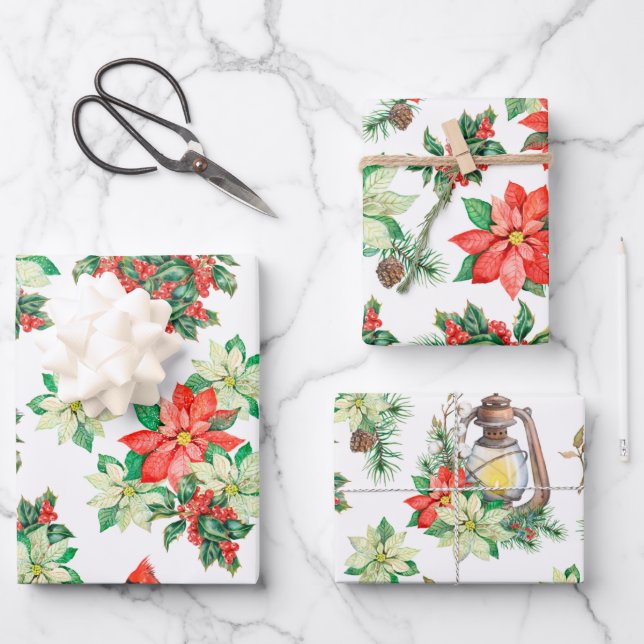 Christmas Red Berries Cardinals Poinsettia Wrapping Paper Sheets (Front)
